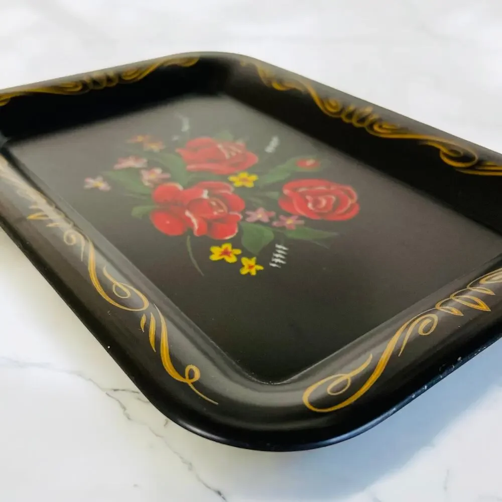 Vintage Black & Gold Metal Red Rose Flower Floral Decorative Tray Catchall